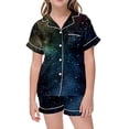 thumbnail image 1 of Pyjamas pour Enfants Filles Imprimé Galaxie Coloré Bouton Col à Revers Manches Courtes Ensemble de Pyjama Satin 2 Pcs Vert Foncé 6 Ans-7 Ans, 1 of 3