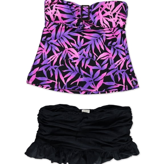 Island Escape Womens Tropical Ruffle Skirtini 2 Piece Bandeau, Black, 8