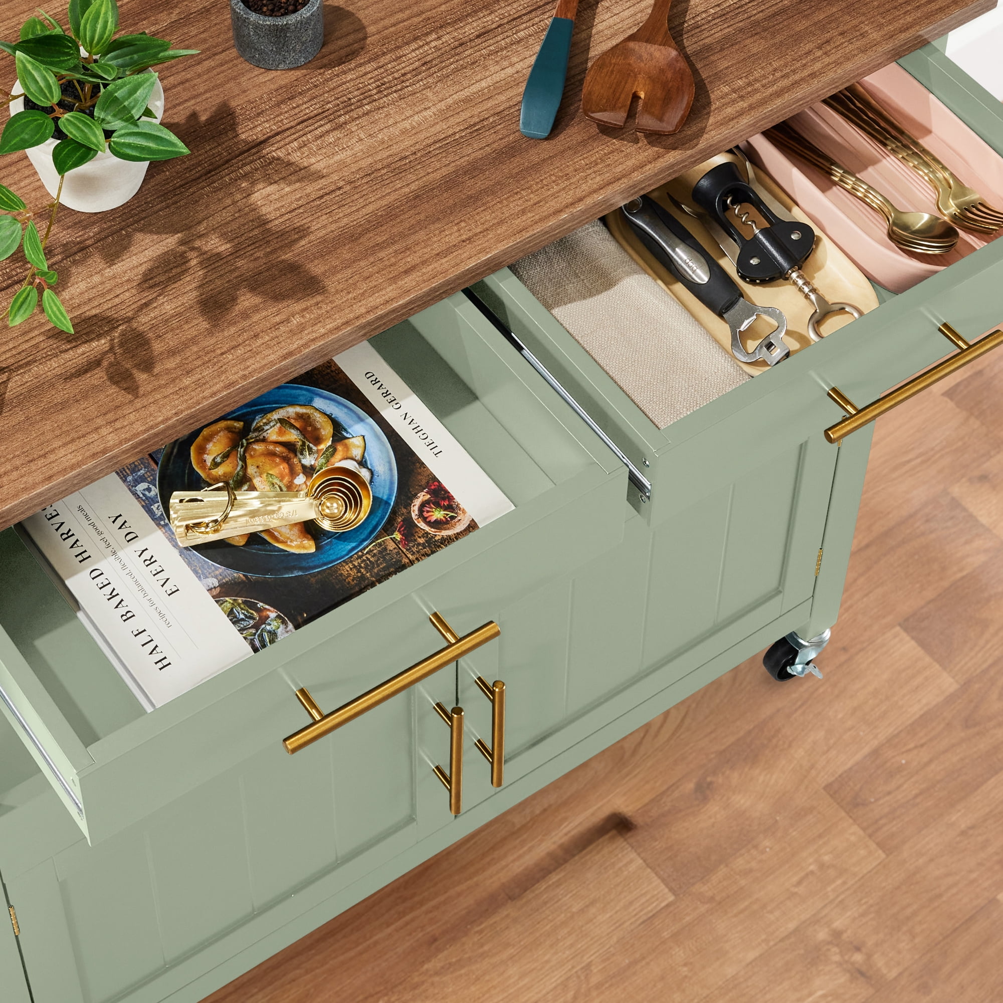 Best Choice Products 36in Large Rolling Kitchen Island Cart, 2-Door Cabinet, Outlet, Hooks, & Wheels - Pistachio Green