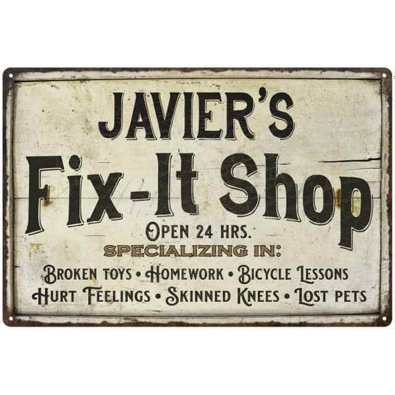 JAVIER'S Fix-It Shop Sign Grandpa Dad Wall Decor Gift 8x12 Metal 208120006240