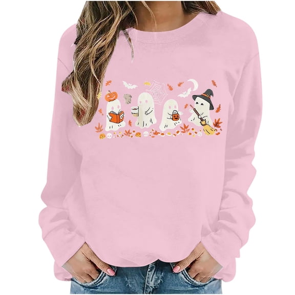Juebong Halloween Funny Graphic Tops for Womens Teens Sweatshirts Crewneck Pullover Female Fall Outfits 2026,Witch Pumpkin Ghost Bat,loose,Maternity, workout,airport fashion clothes