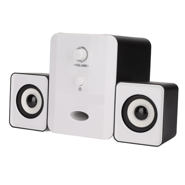 mini altavoces,altavoces de escritorio alimentados por usb altavoz de escritorio alimentado por usb altavoz de computadora rendimiento potente conjunto 2.1 NikouMX en ABS blanco y negro. Subwoofer central con control de volumen giratorio, botón de encendido y puerto bass reflex; dos satélites cuadrados con conos visibles. Alimentado por USB DC 5V con entrada auxiliar 3.5 mm y respuesta 25 Hz–20 KHz; también suele usarse para audio de escritorio y reproducción multimedia en laptops.