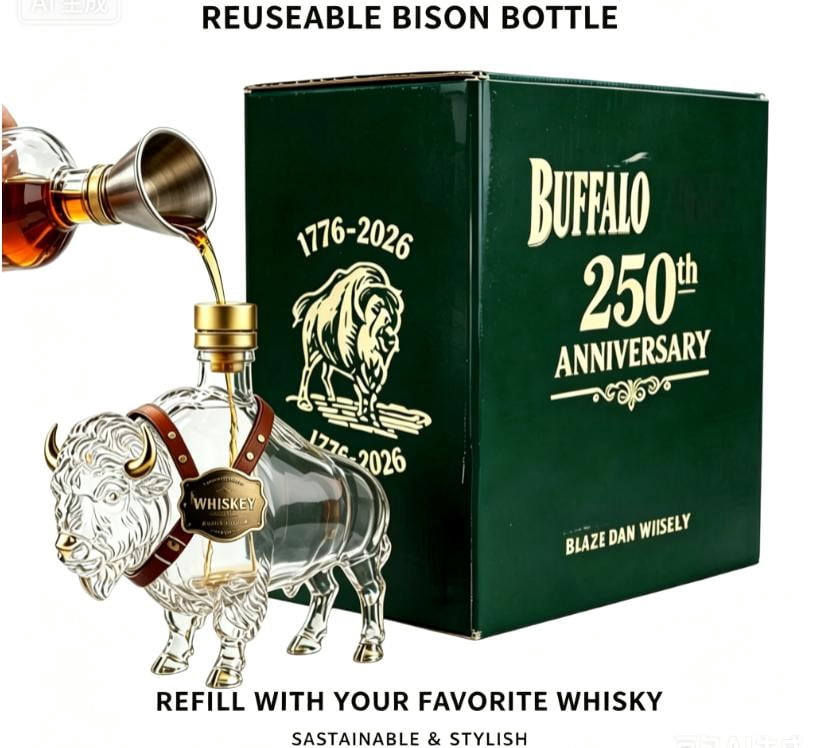 2026 New 3D Rustic Bison Glass Decanter, 10.1oz Liquor Bottle with Leak Proof Cap & Gift Box, Great for Bourbon Home Bar Parties