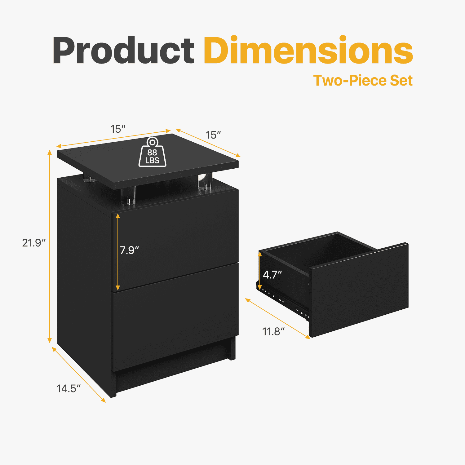Sonegra Nightstand Set of 2, LED End Table with 2 Storage Drawers, Sofa Side Table for Living Room and Bedroom, Black 15IN
