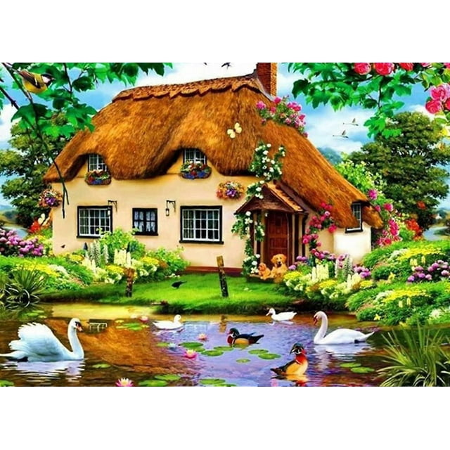 Countryside Diamond Painting House Kits for Adults Beginners Partial Drill DIY 5D Diamond Art Kits Animals Round Diamond Painting for Kids Rhinestone
