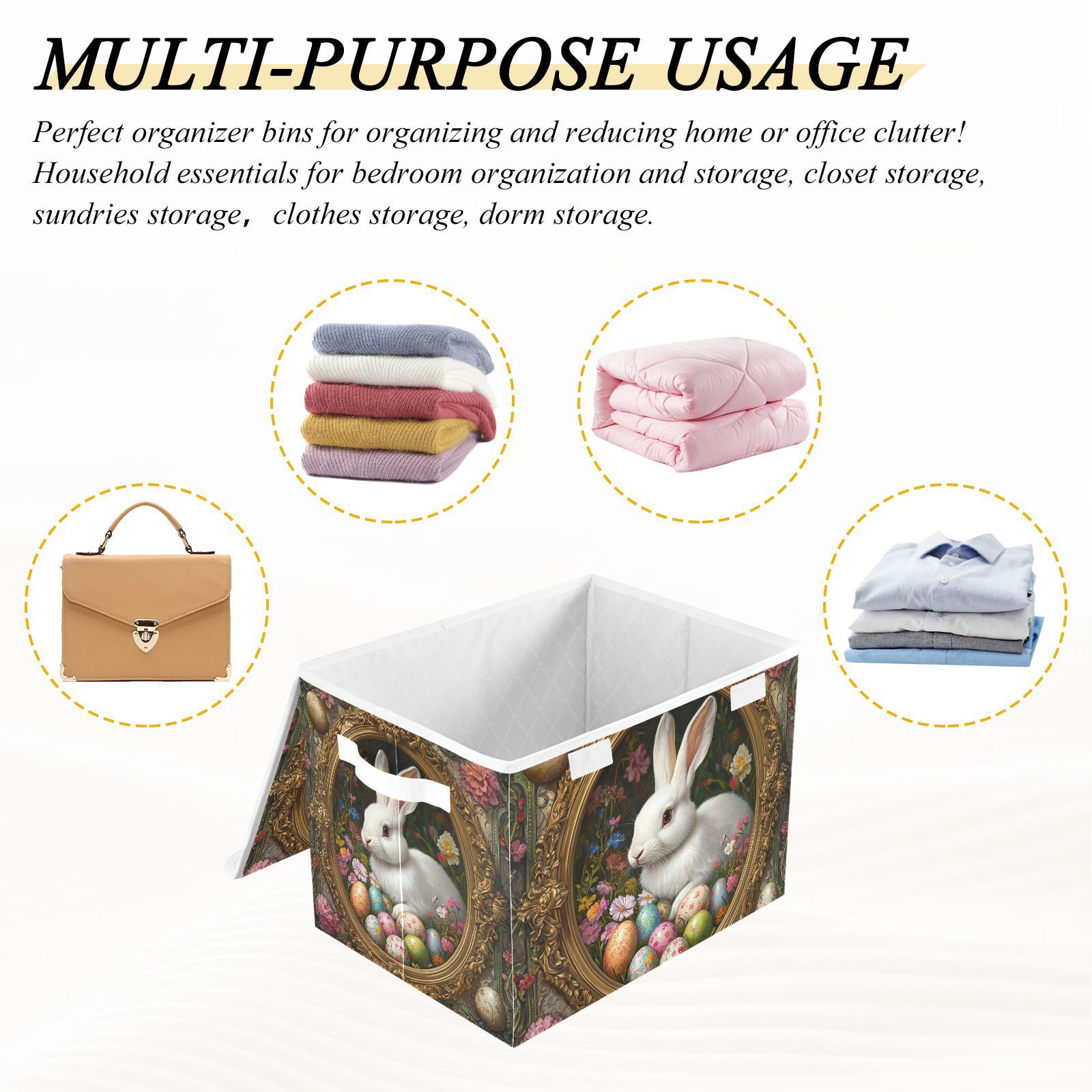 Rabbit Easter Eggs Flowers Storage Basket for Shelves Foldable Container Organizer for Organizing Toys Clothes Books with Handles