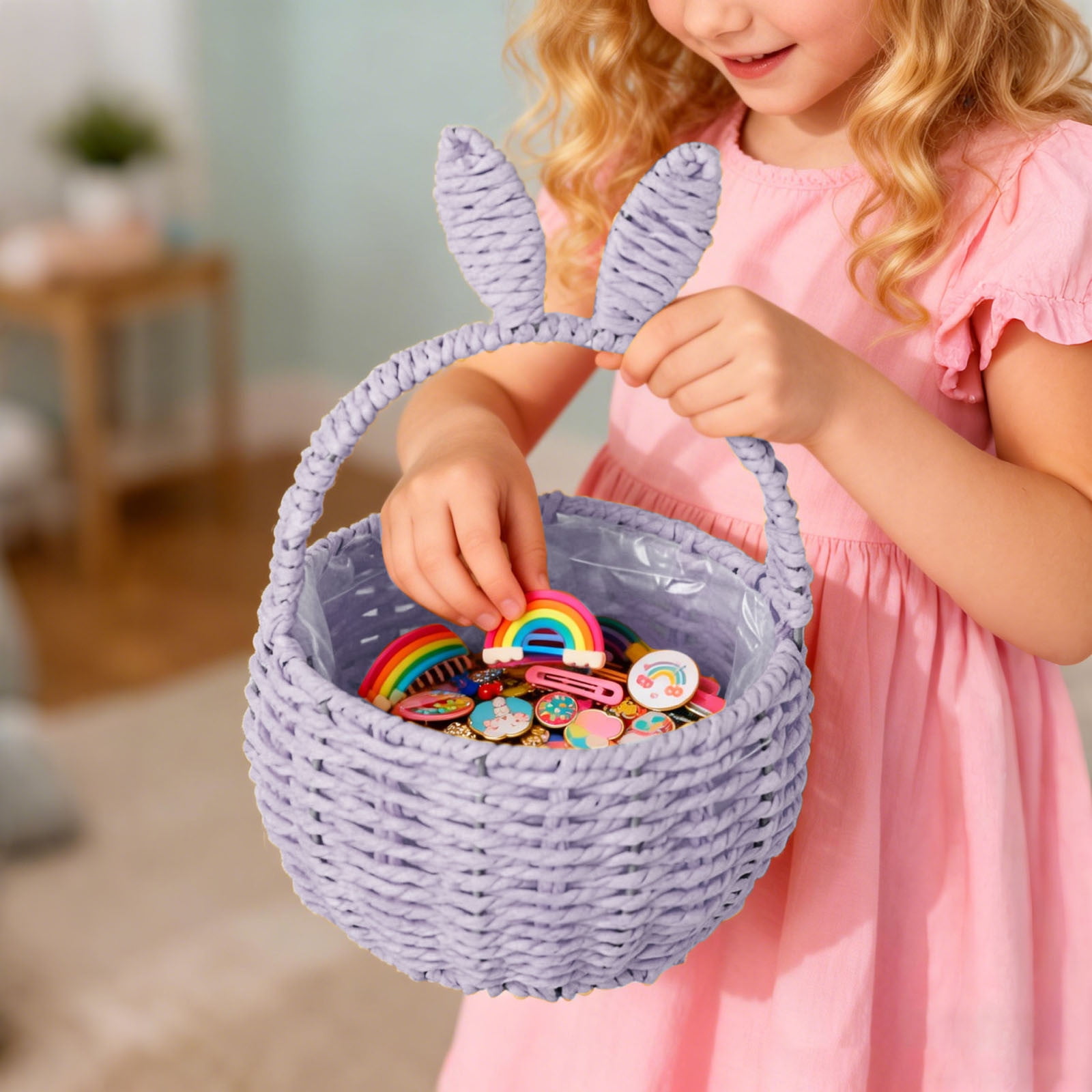 Basket with Handle Easter Bunny Rattan Woven Picnic Baskets with Rabbit Ear Straw Wicker Egg Candy Storage for Egg Party Supplies Gifts (Purple)