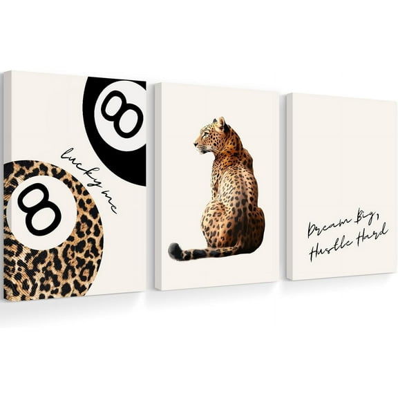 Leopard Wall Art Cheetah Canvas Prints Trendy 8 Ball Wall Decor Preppy Aesthetic Poster Lucky Leopard Pictures Funky Painting Navy Kiss Artwork for Bedroom Living Room 16x24 Inch Unframed Set of 3