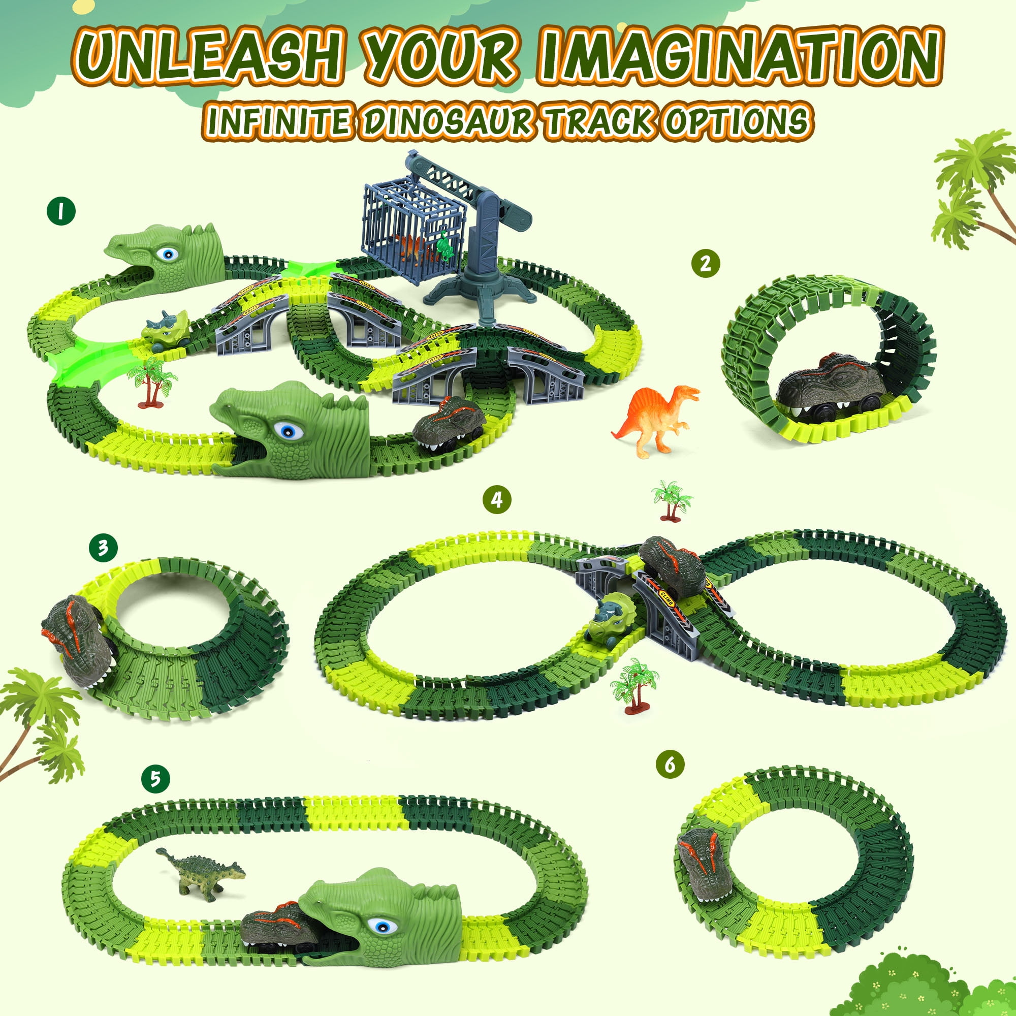 Dinosaur Toys, 277 PCS Flexible Race Track for Kids, STEM Building Road Train Toys with Dino Cars Trucks, Best Birthday Gifts for Boys Girls Toddlers