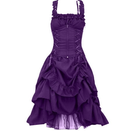 ZQGJB Women s Sleeveless Gothic Dress Plus Size Steampunk Strappy Layers Dress Zipper Corset Square Neck Ruffled Skirt Lace Long Dress Purple XXL