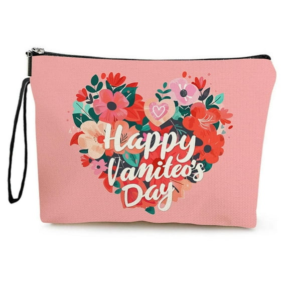 Valentine’s Day Cosmetic Bag Lipstick Bag, 10x6.7 Inch Flowers & Hearts Printed Portable Zipper Cute Stocking Stuffer Present