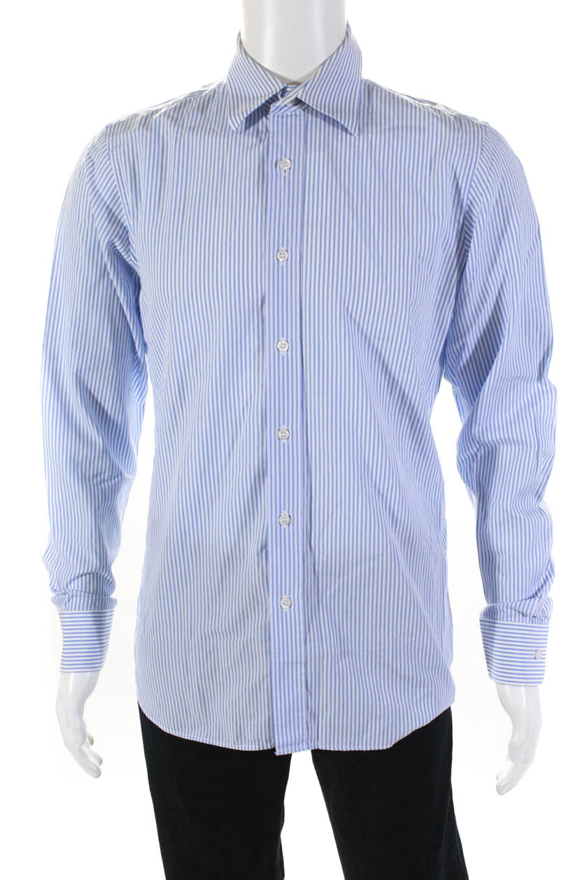 Pre-owned|Prada Mens Striped Long Sleeve Button Up Shirt Blue White Size IT  40 