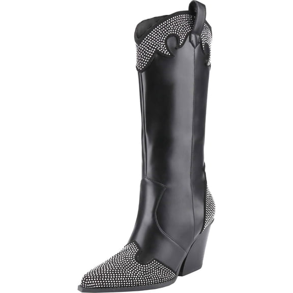 Women's Rhinestone Western Cowboy Boots Pointed Toe Chunky Block Heel Mid Calf Fashion Ankle Boot Booties