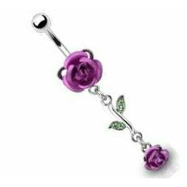 Body Accentz™ Belly Button Ring Navel Double Gem Flower Rose Body Jewelry 14 Gauge Ho606pu 