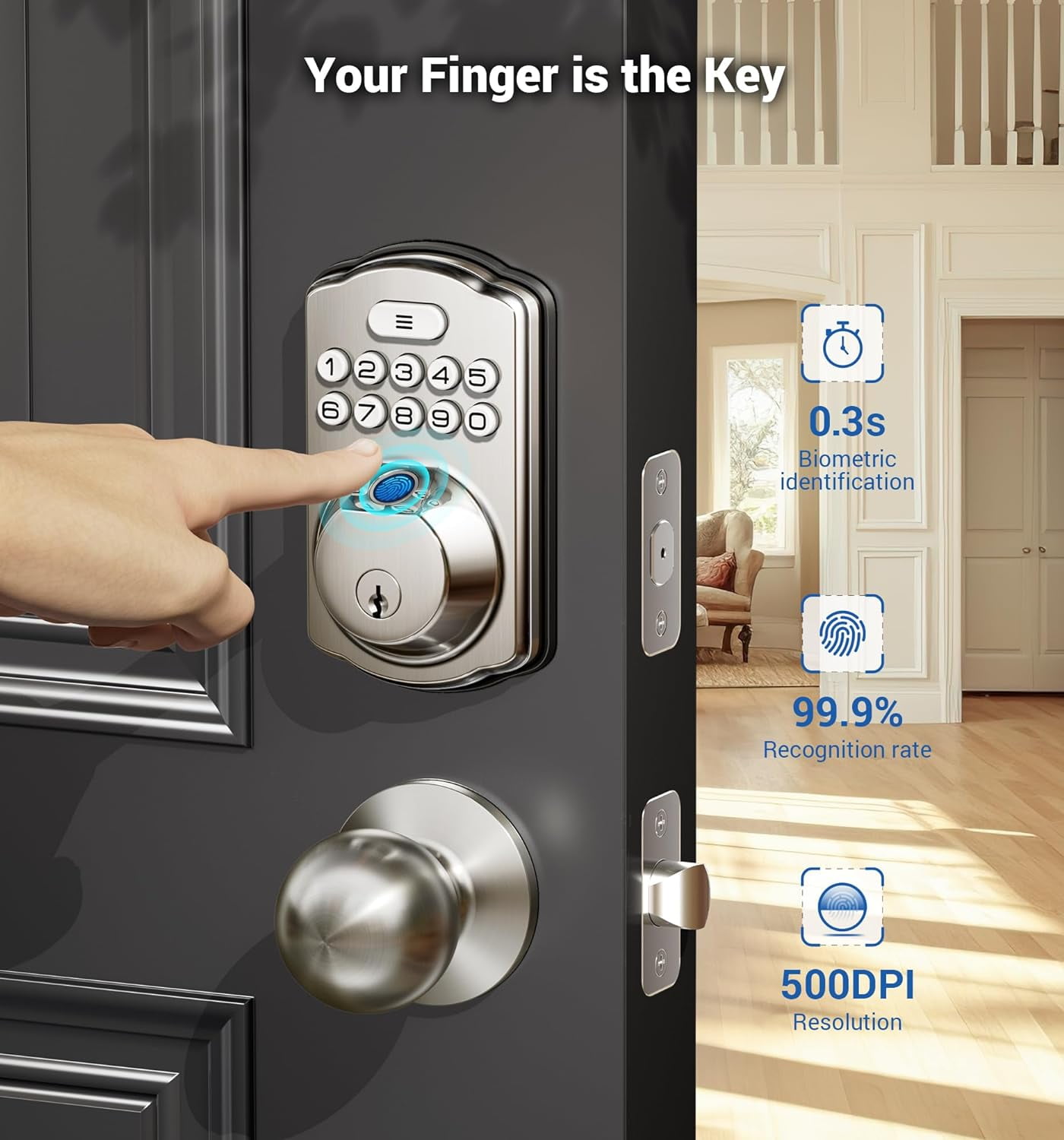 Veise Fingerprint Door Lock with 2 Knobs, Keyless Entry Door Lock with Knob, Electronic Keypad Deadbolt, Waterproof, Easy Installation, Satin Nickel