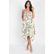 Women's Irregular Hem All-Over Tropical Floral Print V-Neck Cami Strap Midi Dress - Casual, Loose, Mid Length