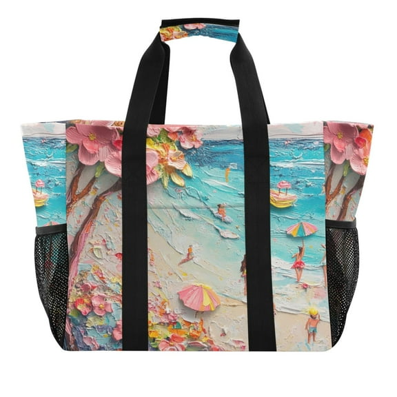 Large Hand-Held Storage Bag Kitchen Reusable Grocery Bags， Travel Tote Bags， Waterproof Tote，Laundry Bag，Beach Bag， Pool Bag Picturesque Spring Sea