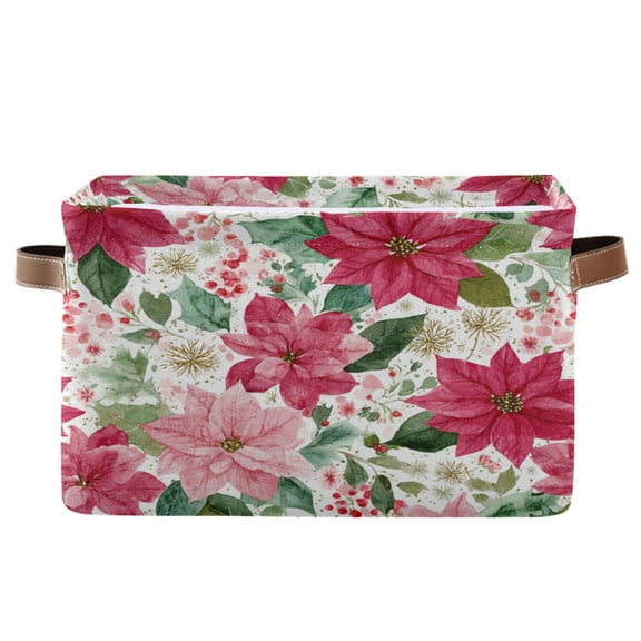 1-Pack Square Closet Organizers with Handles Open Basket Bins Red Flowers and Leaves Storage Basket for Home Office