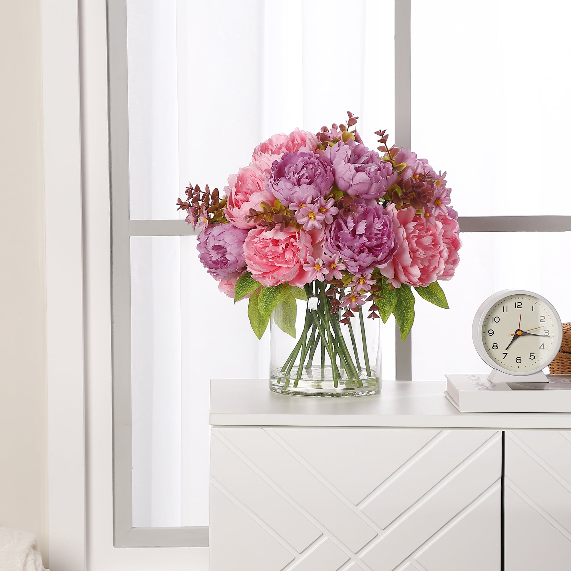Silk Peony Bouquet in Glass Vase with Faux Water – Lifelike Artificial Flowers for Home Decor, Wedding Table Centerpiece – Mixed Arrangement，Pink