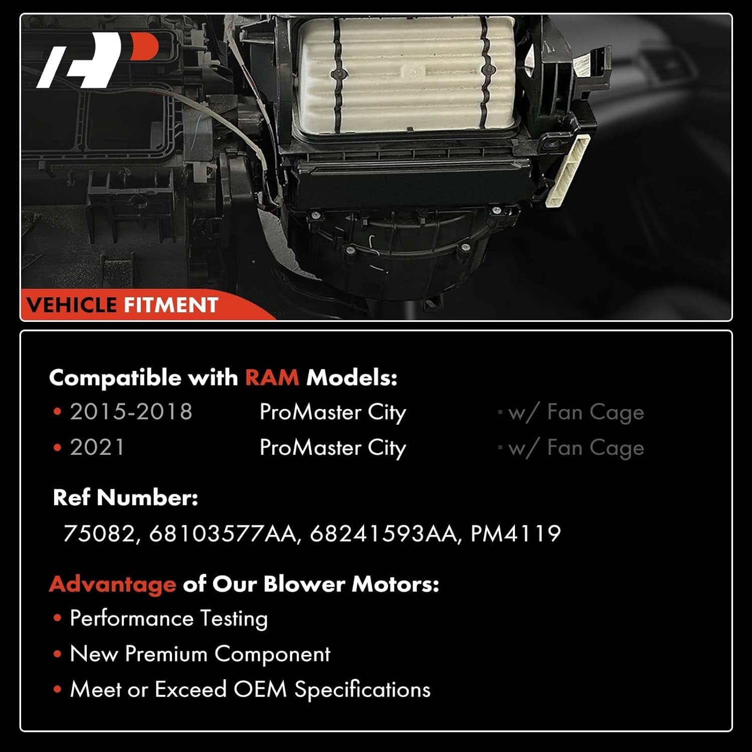 A-Premium HVAC Heater Blower Motor Assembly Compatible with Ram Vehicles - ProMaster City 2015-2018/2021 - Front Side, Replace# 68103577AA, 68241593AA