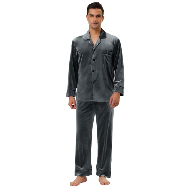 Conjunto de pijama de terciopelo con botones y mangas largas de color liso para hombre gris L Unique Bargains Pijama
