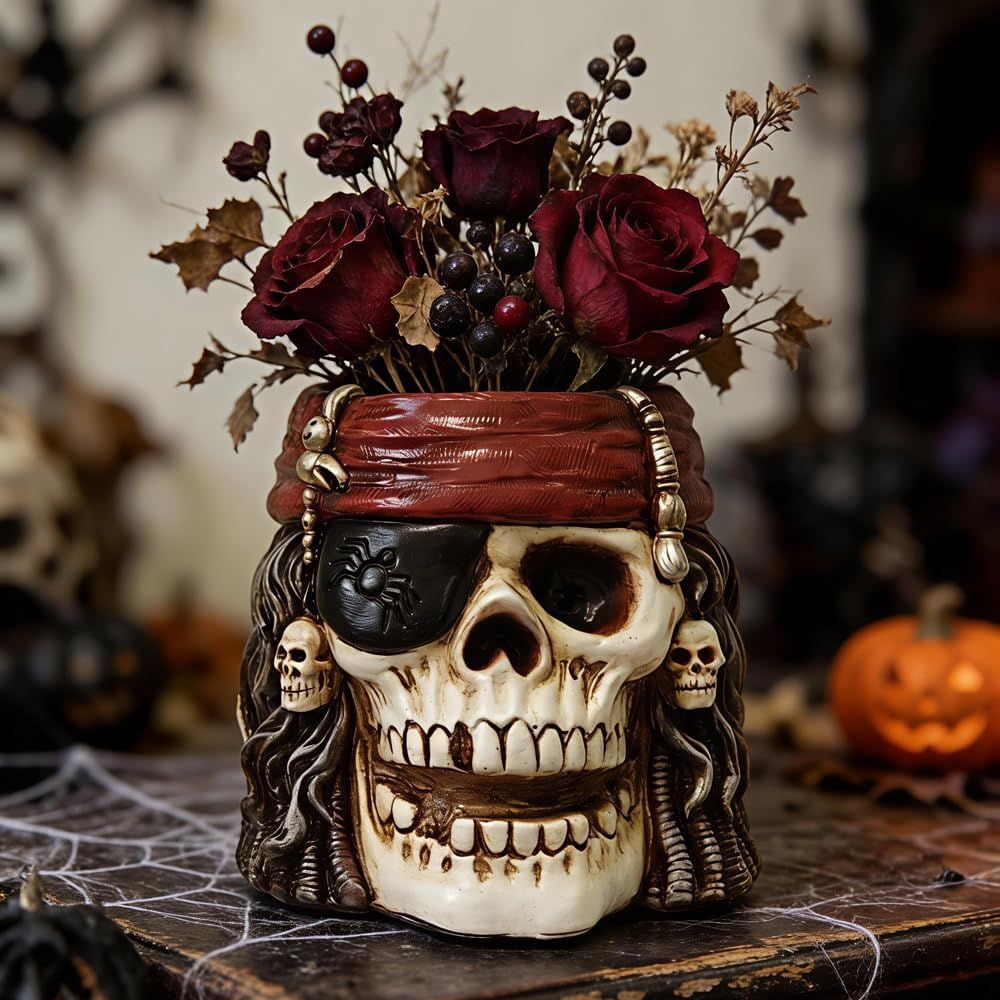 Pirate Skull Planter Flowerpot with Drainage Hole for Gothic Home Decor