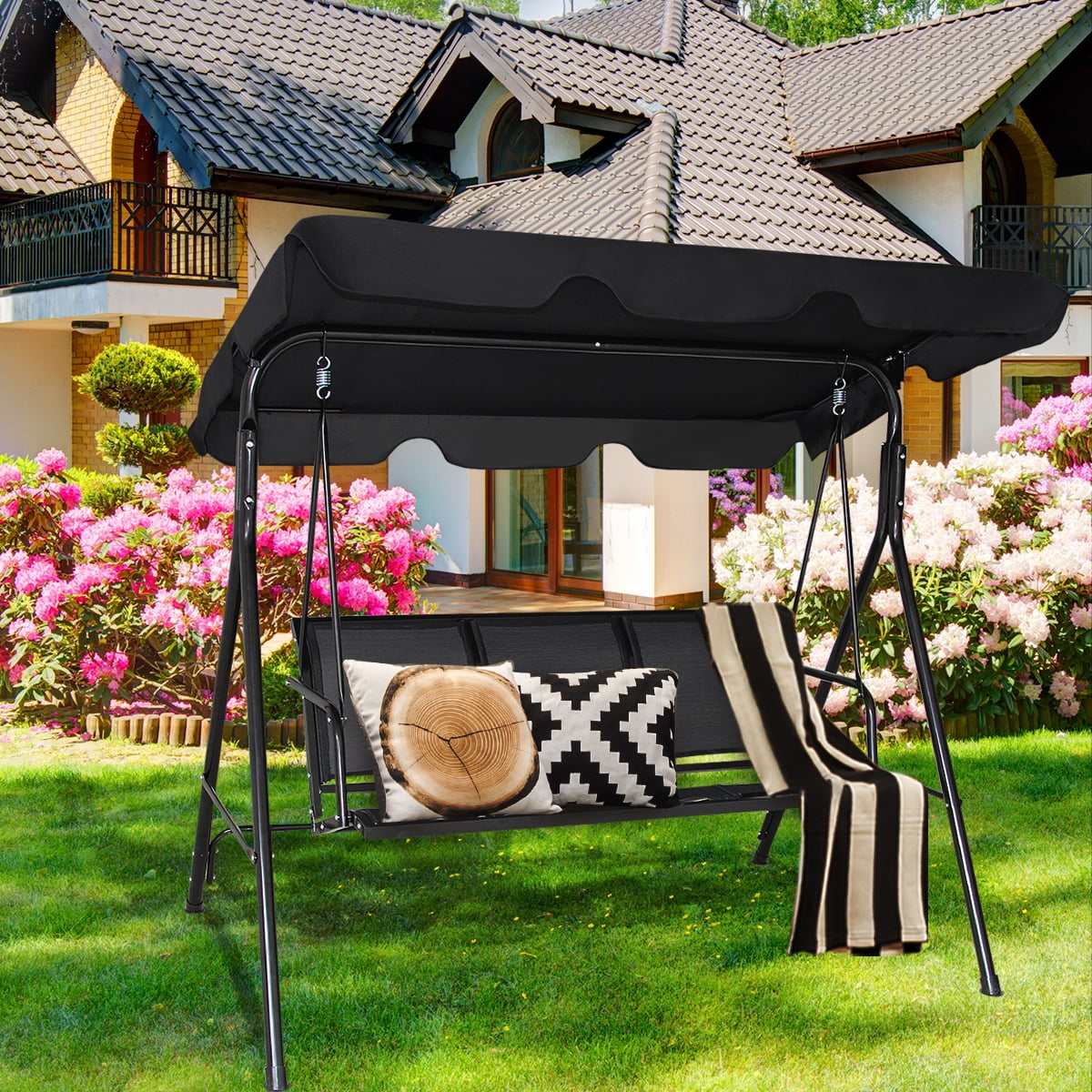 Costway converting outdoor swing canopy hammock 3 seats patio deck furniture beige hotsell