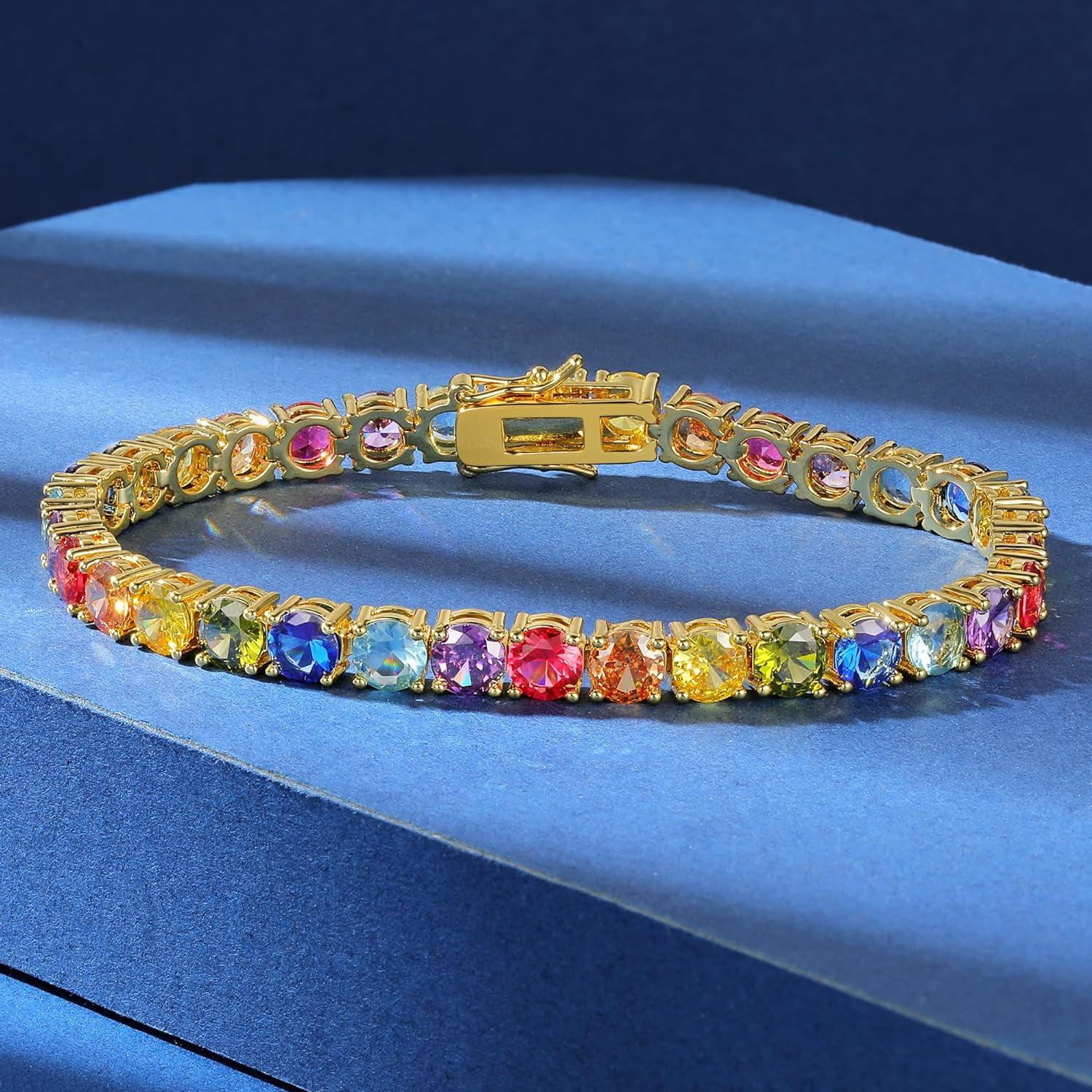 GEMSME Women Bracelet 18K Yellow Gold Plated 5.0 Round Colorful Cubic Zirconia Classic Tennis Bracelet for Women Men 8 Inch