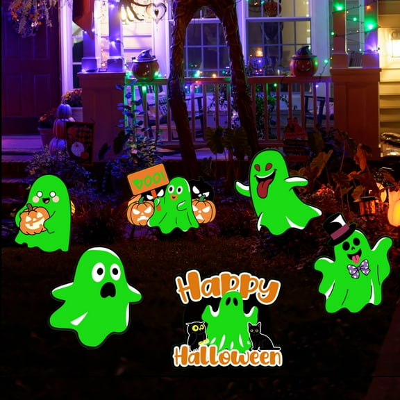 Halloween Cute Ghost Yard Sign,6 Peice Glow in The Dark Spooky Ghost Lawn Signs with Stakes, Luminous Happy Halloween Decoration for Garden Lawn Pathway