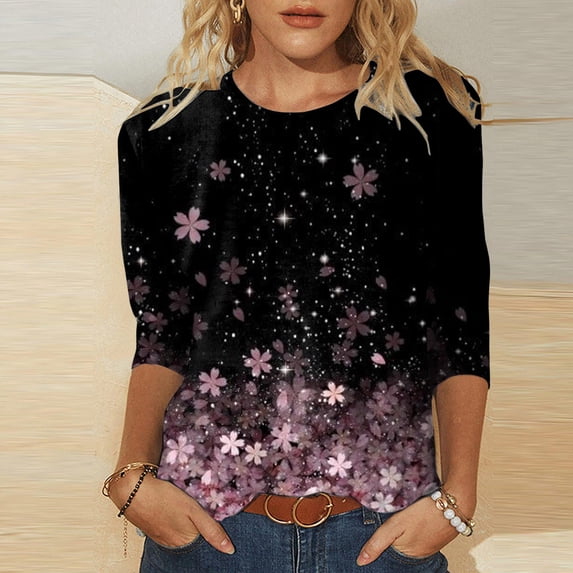 nsendm Womens Daily Floral&Sequins Print O Neck Tops Three Quarter Sleeve Round Neck Tee Shirt Shirts Women Loose Fit Shirt Pink XX-Large