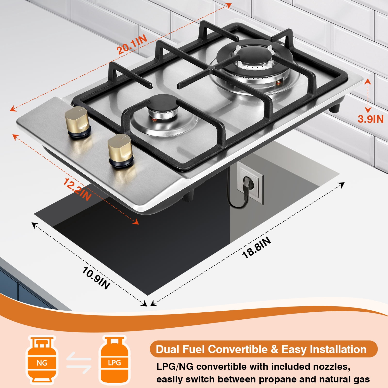SIXDAY 2 Burner Cooktop 12inch, 19,000 BTU Portable Tempered Glass Propane Gas Stove with Auto Ignition, CSA Regulator & Hose