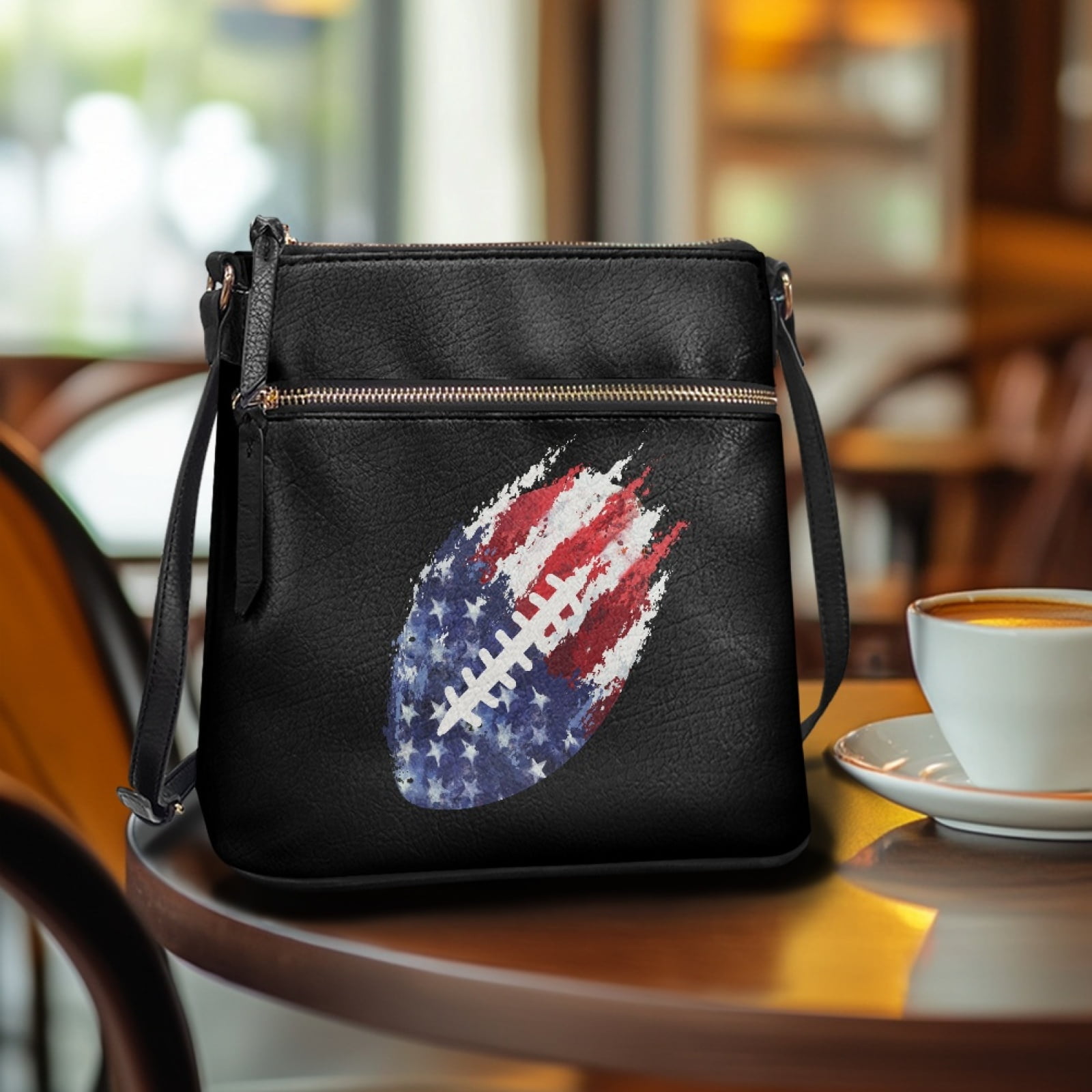 LedBack American Flag Football Print Leather Women Satchel Purse Crossbody Sling Hobo Bag with Multi Pockets, Zipper Shoulder Handbag Messenger Bag with Adjustable Shoulder Strap, Black