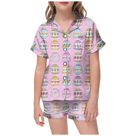 Girls Easter Pajamas Size 4 Button Down Comfortable Short Sleeve Shirt Tops Shorts Pants Cartoon Animals Easter Day 2-Piece Sleepwear Pjs for Kids 10-11 Years