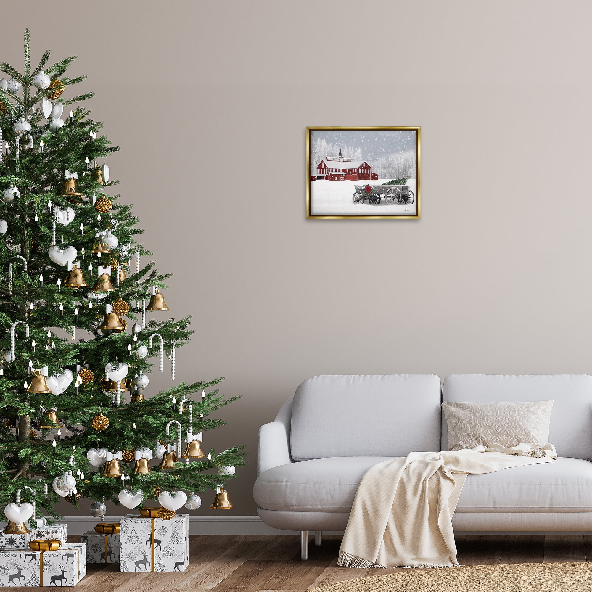 Stupell Industries Winter Wagon Scene Holiday Painting Gold Floater Framed Art Print Wall Art, 21 x 17