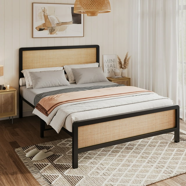 Bohemian Rattan Platform Bed Frame – Natural Cane Headboard, Strong Metal Slats, Rounded Corners, Wooden Mattress Base, No Box Spring Needed – Modern Bedroom Furniture, White Oak Finish, FULL BED