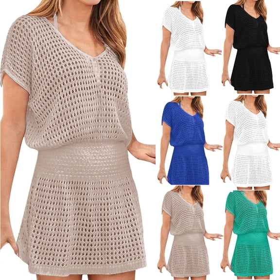 Youruamo Womens Crochet Swimwear Coverups Hollow Out Elastic Waist Mini Dress Short Sleeve V Neck Swimsuit Cover Up Lounge Beach Cover Ups