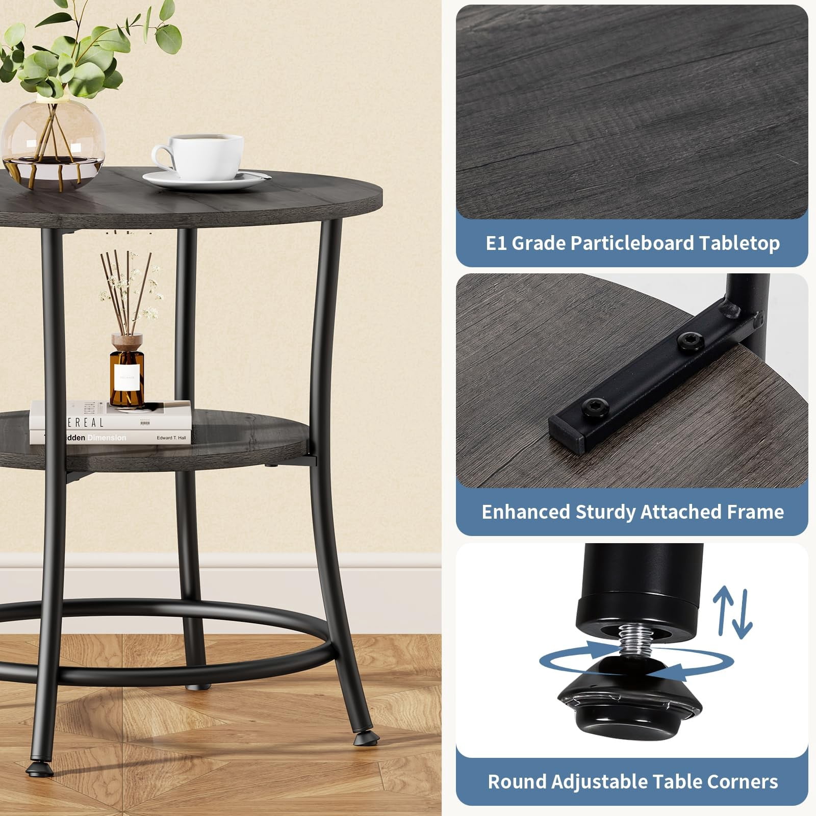 Telyra 2-Tier Round Side Table 21.8" End Table with Antiqued Wood Grain Top and Steel Base, Gray