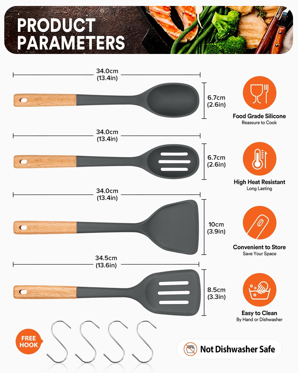 Badiano 4 Pack Wood Handle Silicone Kitchen Cooking Utensils Set for Nonstick Cookware Surface,Gray
