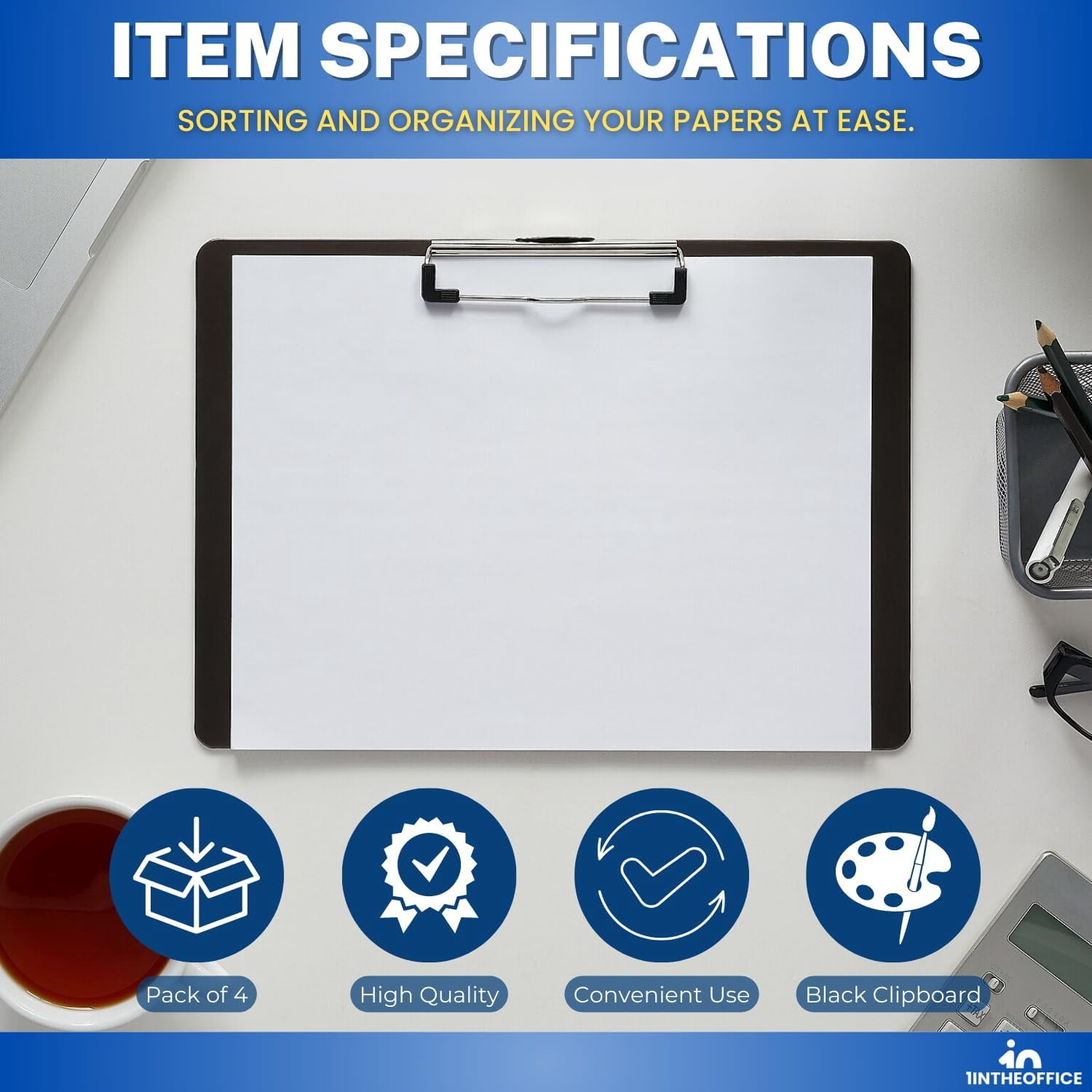 1InTheOffice Landscape Clipboard, Black Horizontal Clipboard, 8.8 x 12.4-inch, 4 Pack