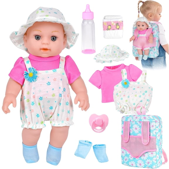 Aijohnny Baby Doll Set with Diaper & Pacifier, Pretend Play Toy with Flower Pattern Backpack Carrier, Birthday Gifts for Kids 3-5 5-8 8-12 Year Old