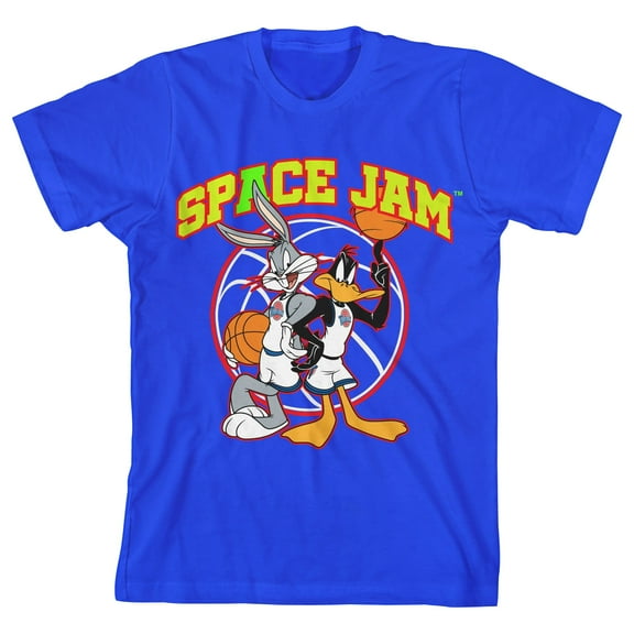 Bioworld Space Jam 1996 Collegiate Text With Bugs Bunny and Daffy Duck Youth Royal Blue Graphic Tee-Medium