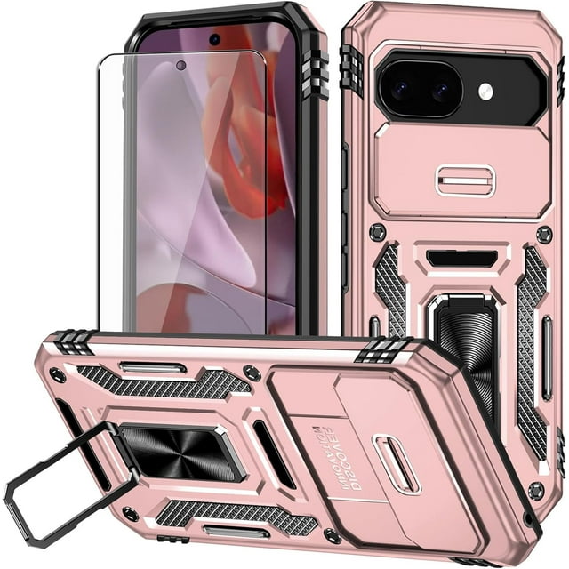 KOMI for Google Pixel 9a Case with Screen Protector and with Camera Cover, 360°Military Grade Rotatable Kickstand (Heavy Duty) Shockproof Protective, Case for Google Pixel 9a Rose Gold