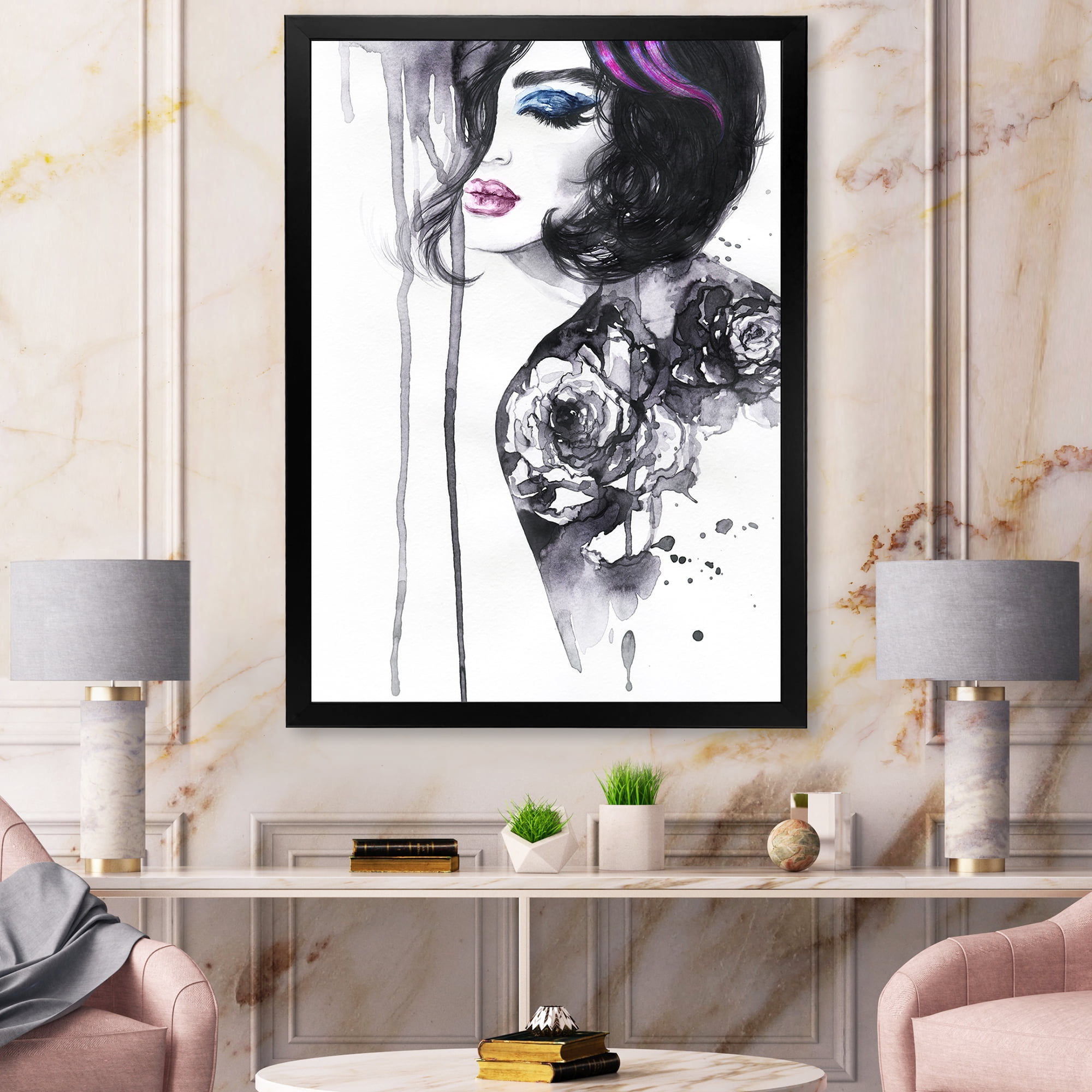 Designart 'Monochrome Female Portrait With Colorful Makeup' Modern Framed Art Print