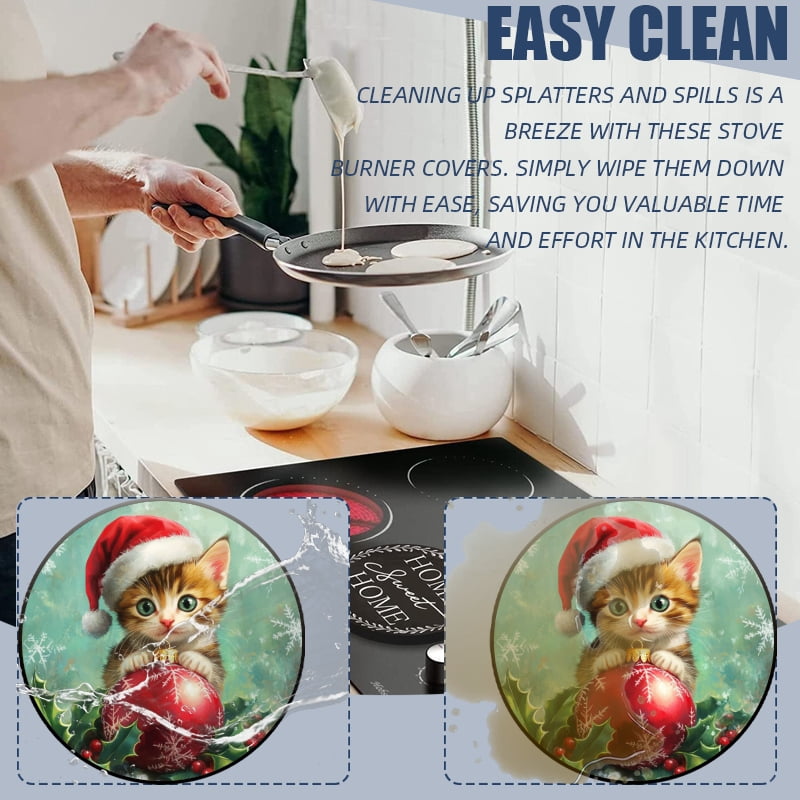 Christmas Electric Stove Burner Covers for Electric Stove, Cute kitten with Christmas Ball Ornament Round Metal Gas Stove Burner Covers Set of 4 for Kitchen Holiday, 8 Inches and 10 Inches