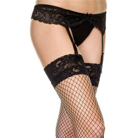 Lace top diamond net spandex stockings and lace garterbelt (G-string not included) 7710-BLACK