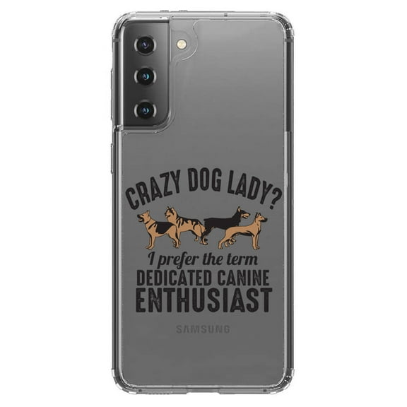DistinctInk Clear Shockproof Hybrid Case for Galaxy S21  PLUS 5G (6.7" Screen) - TPU Bumper Acrylic Back Tempered Glass Screen Protector - Crazy Dog Lady? Canine Enthusiast