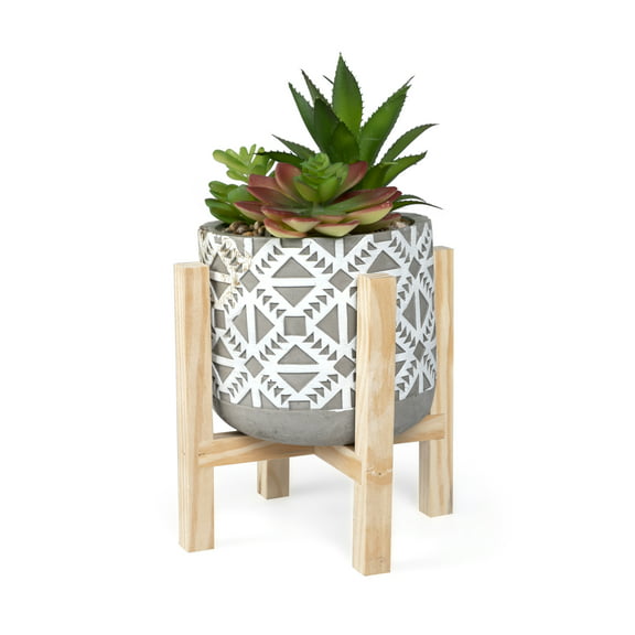 Mainstays 10.2" Artificial Succulent Plant Arrangement In Gray Cement Pot With Wood Stand