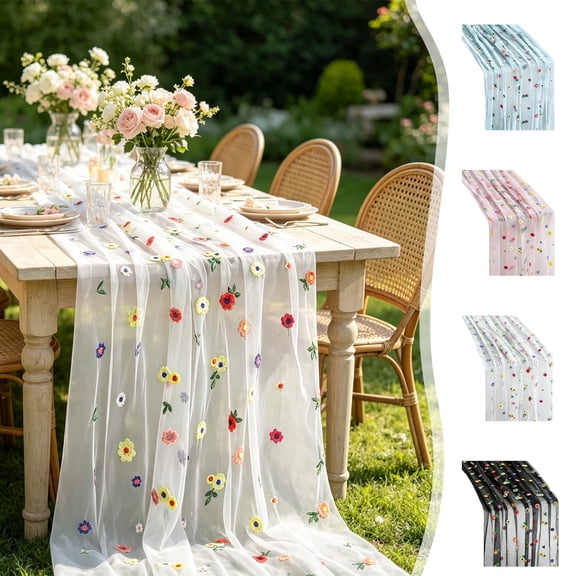 Doghiosgha Embroidered Floral Daisy Tulle Table Runner Lightweight Sheer Table Runner for Party Wedding Birthday Dinner Table Decor, 27.5x118 Inch, White