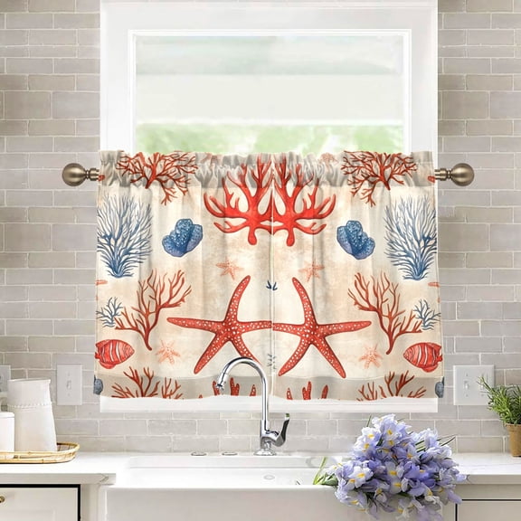 Yayeee Kitchen Curtains Tier Pair Light Filtering 27"x36" Rod Pocket Short Cafe Window Panel, Blue Starfish