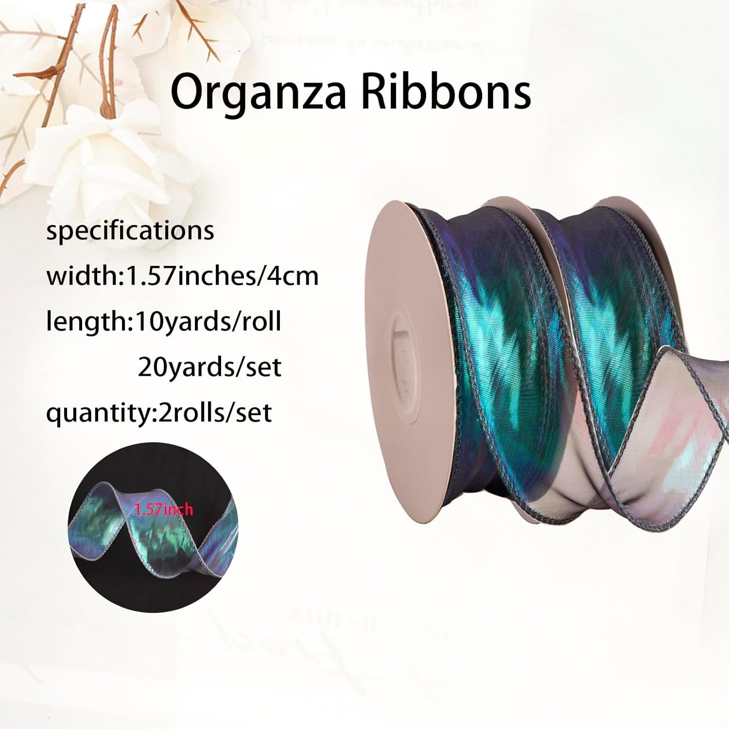 2 Rolls Laser Green Organza Ribbon 1-1/2 Inch Wide 10 Yards for Gift wrap Bow DIY Craft Bouquet Wreath Baking Baby Shower Wedding Parties Valentine Christmas Tree Decoration